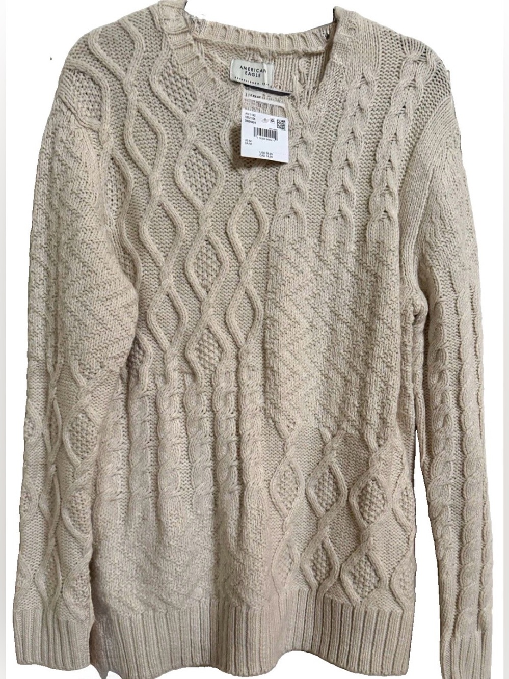 NWT American Eagle Beige Cable Knit  Pullover Fisherman’s Sweater Men’s Medium